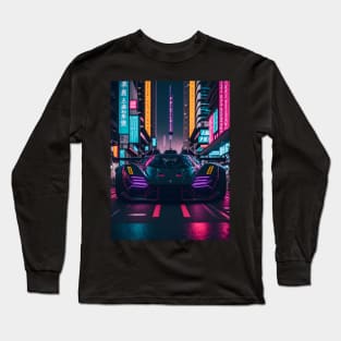 Dark Neon Sports Car in Japanese Neon City Long Sleeve T-Shirt